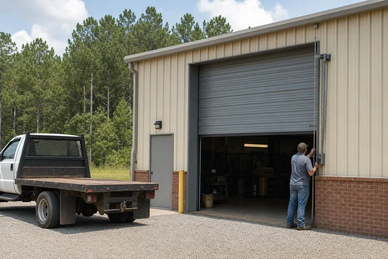 Rolling steel commercial overhead door at a light-industrial building near Tupelo