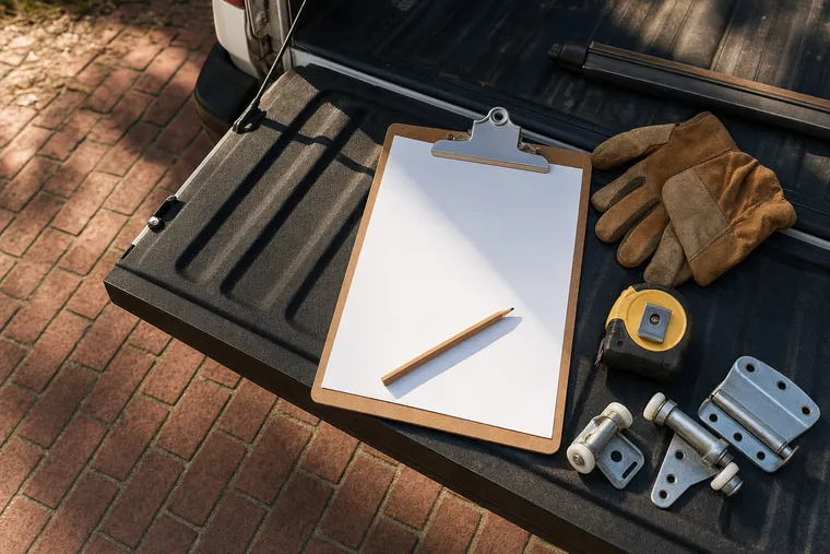 Estimate clipboard, tape measure, and garage door hardware on a truck tailgate