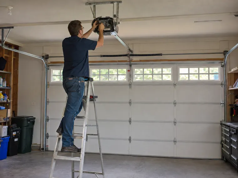 Technician servicing a ceiling-mounted garage door opener with the cover off
