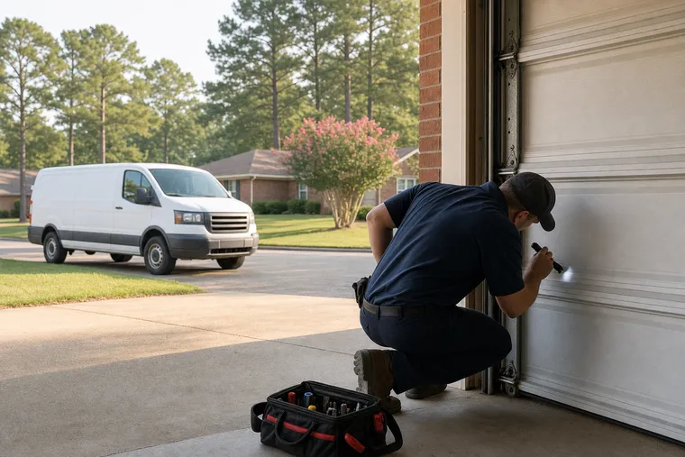Technician checking the rollers and track of a residential garage door in Tupelo