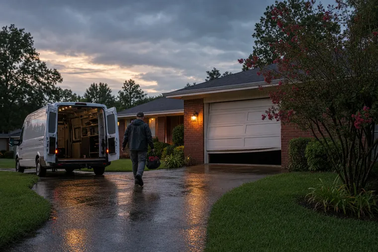 Technician walking toward a garage door stuck partly open after an evening storm in Tupelo